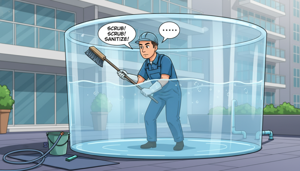 A detailed step-by-step cleaning of a water tank in a condominium setting, showcasing a professional worker in a modest uniform, meticulously scrubbing the insides of the tank. In the foreground, the worker is using a long-handled brush and cleaning tools, focusing on the shiny, clear surface of the tank. The middle ground features the tank itself with visible water, reflecting the gentle overhead lighting. In the background, there are hints of a modern condominium structure and some greenery, softly blurred to draw attention to the cleaning process. The lighting is bright and clean, conveying a sense of hygiene and professionalism, while a steady angle captures the worker’s focused expression as they ensure the tank is thoroughly sanitized. The overall mood is methodical and efficient, illustrating the importance of clean water maintenance.