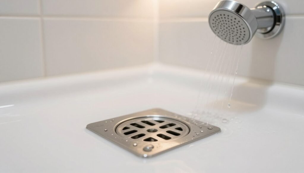 A detailed view of a clean, modern bathroom featuring a well-maintained shower drain (ralo banheiro). In the foreground, focus on the sleek stainless steel drain cover, with water droplets glistening on its surface. The middle ground showcases a pristine shower area with white tiles and a luxurious rainfall showerhead, reflecting subtle light. In the background, the soft glow of warm lighting enhances the inviting atmosphere, creating a sense of cleanliness and relaxation. Capture the scene from a slightly elevated angle to emphasize the drain’s functionality and effectiveness. The overall mood should be serene and hygienic, illustrating the benefits of professional drain cleaning services. A detailed view of a clean, modern bathroom featuring a well-maintained shower drain (ralo banheiro). In the foreground, focus on the sleek stainless steel drain cover, with water droplets glistening on its surface. The middle ground showcases a pristine shower area with white tiles and a luxurious rainfall showerhead, reflecting subtle light. In the background, the soft glow of warm lighting enhances the inviting atmosphere, creating a sense of cleanliness and relaxation. Capture the scene from a slightly elevated angle to emphasize the drain’s functionality and effectiveness. The overall mood should be serene and hygienic, illustrating the benefits of professional drain cleaning services.