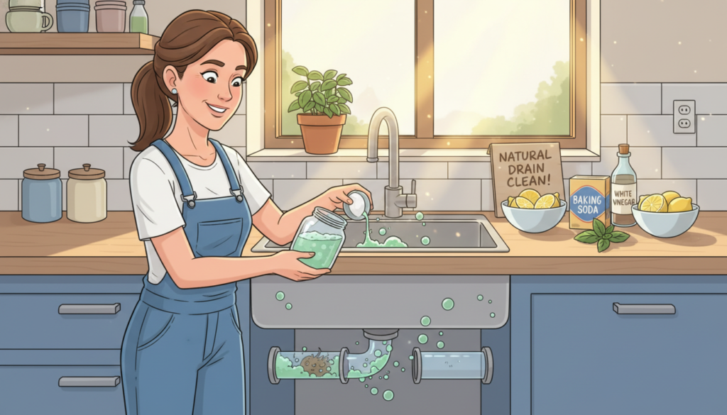 A detailed view of a clean, modern plumbing system in a residential setting, showcasing natural methods for unclogging pipes. In the foreground, a professional wearing modest clothing demonstrates pouring a mixture of baking soda and vinegar into a sink. In the middle ground, there are various natural cleaning agents like lemon slices, baking soda, and vinegar neatly arranged on a countertop. The background features a tidy kitchen, with sunlight streaming through a window, casting warm light that enhances the freshness of the scene. The angle is slightly above eye level, emphasizing the action of cleaning while capturing the overall bright and inviting atmosphere. The mood is focused, professional, and solution-oriented, reflecting the concept of effective, natural cleaning methods for plumbing.