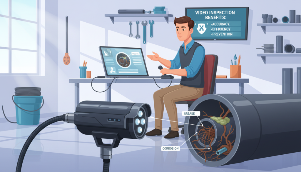 A detailed view of a professional setting showcasing a video inspection process of a pipe. In the foreground, a high-tech camera with a long cable is shown inspecting the interior of a pipe, capturing clear images of potential blockages and debris. In the middle, a technician in smart, modest business attire monitors the results on a laptop, focused and engaged with the inspection data. The background features a clean, well-lit workshop with various plumbing tools and equipment, emphasizing a modern and efficient working environment. The lighting is bright and natural, providing a professional and optimistic atmosphere. The image should evoke the benefits and advantages of video inspection technology in plumbing.