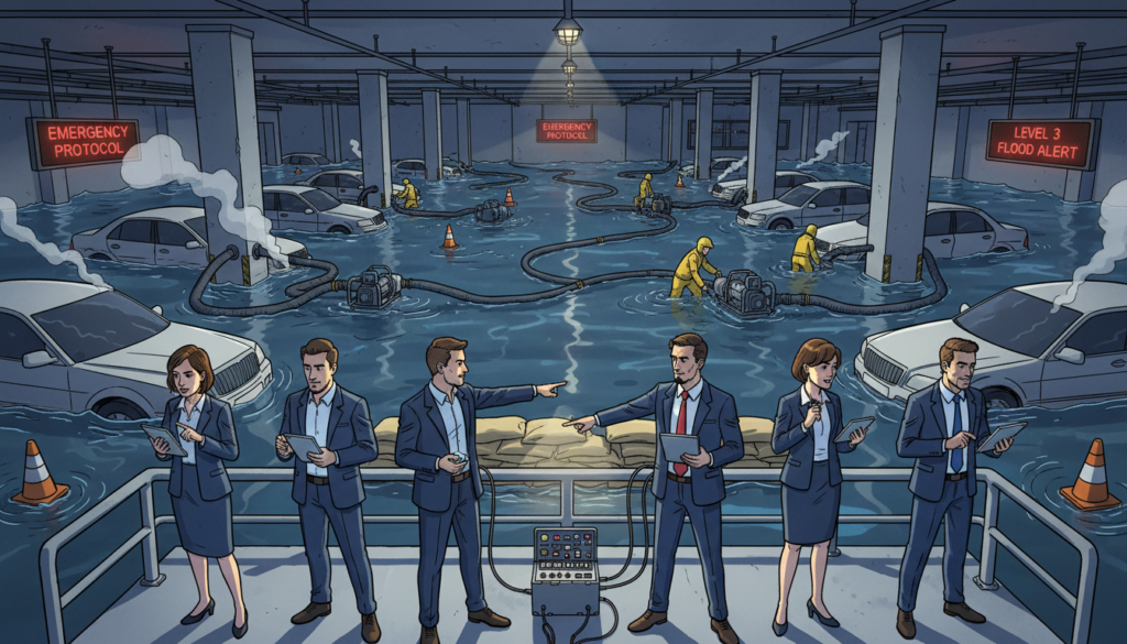 A dramatic scene depicting an underground garage flooded with water, showcasing emergency protocols for dealing with flooding. In the foreground, a professional team dressed in business attire is actively managing the situation, using digital devices to communicate and implement safety measures. In the middle ground, water is visibly pooling around parked cars, with emergency equipment such as sandbags and pumps strategically placed. The background features dim, industrial lighting casting reflections on the water surface. The mood is intense yet focused, capturing the urgency of the emergency while emphasizing teamwork and preparedness. The angle is slightly elevated, providing a comprehensive view of the flooded garage and the actions being taken to mitigate the crisis.