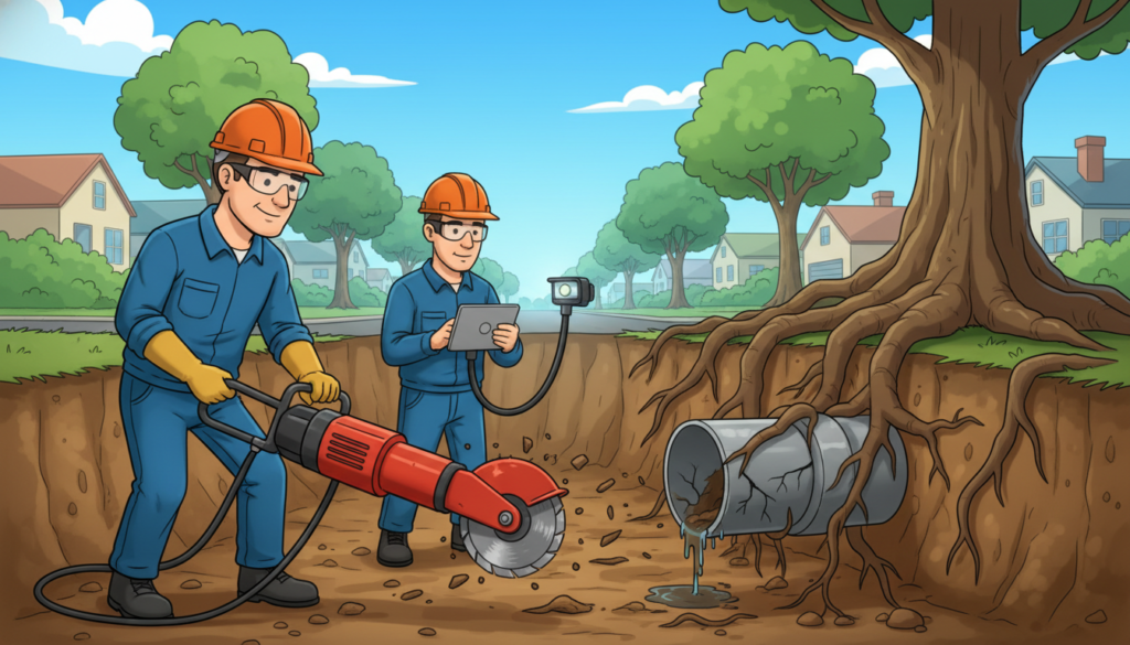 A highly detailed scene depicting advanced techniques for removing tree roots that are damaging sewer pipes. In the foreground, a professional worker in a hard hat and safety gear is carefully using specialized tools, such as a hydraulic root cutter and a camera for inspection. In the middle ground, there are exposed tree roots intertwined with a pipe, showcasing the damage. The background features a sunlit suburban environment with green trees and a clear blue sky. The mood is focused and industrious, with bright lighting highlighting the intricate details of the tools and the roots. Capture the scene from a slightly elevated angle to provide a clear view of the action while emphasizing the surrounding environment.