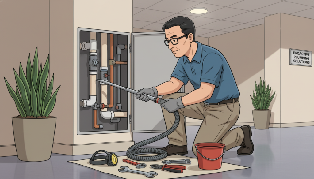 A maintenance worker in a modest casual uniform is kneeling beside an opened access panel in a modern condominium's central plumbing column. The worker, a middle-aged man with short black hair and glasses, uses a specialized plumbing tool to clear a blockage. In the foreground, there are tools and equipment organized neatly. The background shows a well-lit corridor with neutral-colored walls and a few potted plants, creating a clean and professional atmosphere. Soft, diffused lighting enhances the clarity of the scene, and the angle is slightly elevated to capture both the worker's focused expression and the intricate plumbing system's details. This image reflects the proactive approach to resolving plumbing issues in a condominium setting.
