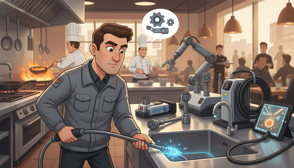 A modern restaurant kitchen in action, filled with advanced plumbing tools and technologies designed for efficient drain cleaning. In the foreground, a professional plumber in smart casual attire uses a high-tech snake tool on a gleaming sink, showcasing precision and expertise. In the middle, tools like electric augers, hydro-jet systems, and pipe inspection cameras are artfully arranged on stainless steel counters, reflecting the latest innovations in drain cleaning technology. The background features a bustling restaurant ambiance, with chefs cooking and waitstaff serving customers, bathed in warm, ambient lighting. The atmosphere is one of productivity and problem-solving, emphasizing the importance of seamless operations in a dining environment. The perspective should capture the dynamic interaction between technology and professional service.