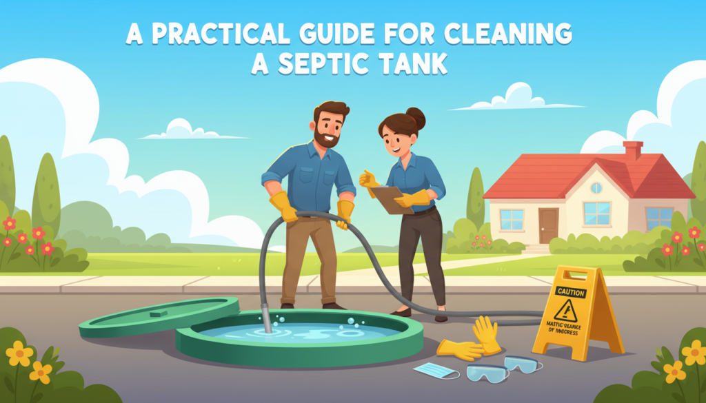 A practical guide for cleaning a septic tank, featuring a clean, well-maintained outdoor setting with a freshly uncovered septic tank in the foreground. Two professionals, a man and a woman, both dressed in modest, professional attire, inspect the tank with tools like a pump and maintenance checklist. In the middle ground, there's a clear view of proper hygiene tools, such as gloves and masks, alongside safety equipment. The background depicts a lush green yard with a clear blue sky, emphasizing a serene, organized environment. Soft, natural lighting highlights the scene, creating an informative and constructive atmosphere, while ensuring a safe and professional context. Focus on clarity and detail in the professionals' expressions as they discuss maintenance steps.