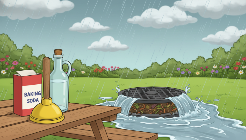 A practical scene depicting homemade solutions for unclogging drains, centered around a backyard setting. In the foreground, a bright yellow plunger, a bottle of vinegar, and a box of baking soda are arranged neatly on a wooden surface. In the middle, a partially open drain exposing buildup, with a flowing stream of water to represent a blocked drain during heavy rain. The background features a well-maintained lawn and a garden, with a cloudy sky suggesting impending rain, adding a sense of urgency. Natural lighting filters through the clouds, creating a soft, diffused glow, enhancing the mood of diligence and resolve. The composition is captured from a shallow depth of field, bringing focus to the unclogging tools while softly blurring the background for a polished effect.