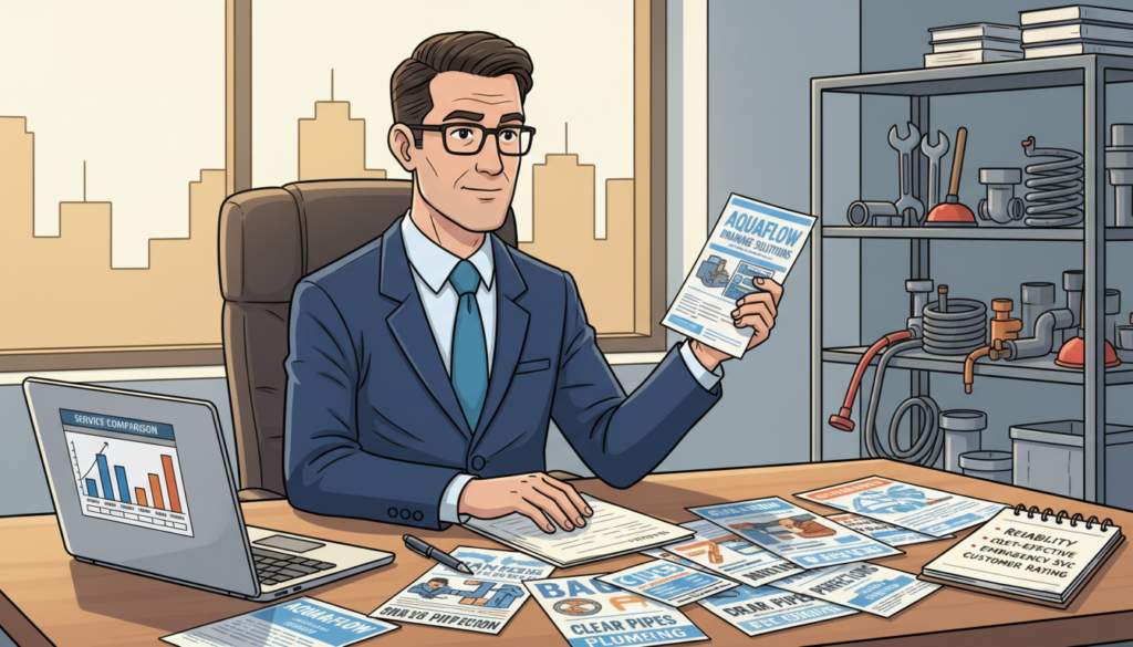 A professional consultant in a smart business suit is examining a selection of service brochures for drainage and plumbing companies in a well-lit office setting. In the foreground, there is a desk cluttered with flyers, a laptop displaying a comparison chart of services, and a notepad with notes about selecting a company. The middle ground shows the consultant focused on the brochures, looking thoughtful and analytical. In the background, a window lets in natural light, illuminating the office with a warm, inviting atmosphere. Stack of tools and plumbing parts hints at the nature of the services being reviewed. The overall mood is professional and goal-oriented, emphasizing careful decision-making in selecting an ideal drainage service provider.