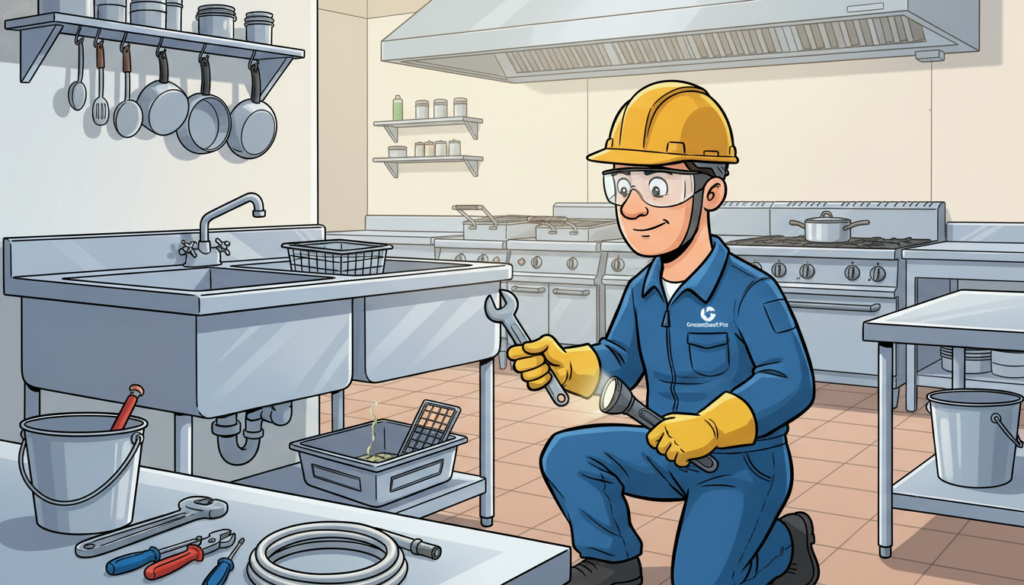 A professional maintenance technician in a clean, modern restaurant kitchen, performing preventive maintenance on a grease trap (caixa gordura). The technician, wearing standard safety gear and professional attire, is using tools and a flashlight to inspect the grease trap beneath a large sink. In the foreground, several maintenance tools are organized neatly on a countertop. The middle ground features an open grease trap, revealing clean but slightly greasy components, and surrounding kitchen equipment reflecting a well-maintained environment. The background shows a bright, well-lit kitchen with stainless steel appliances and utensils. Soft, warm lighting creates a clean and efficient atmosphere, emphasizing the importance of preventive maintenance in a busy restaurant setting.
