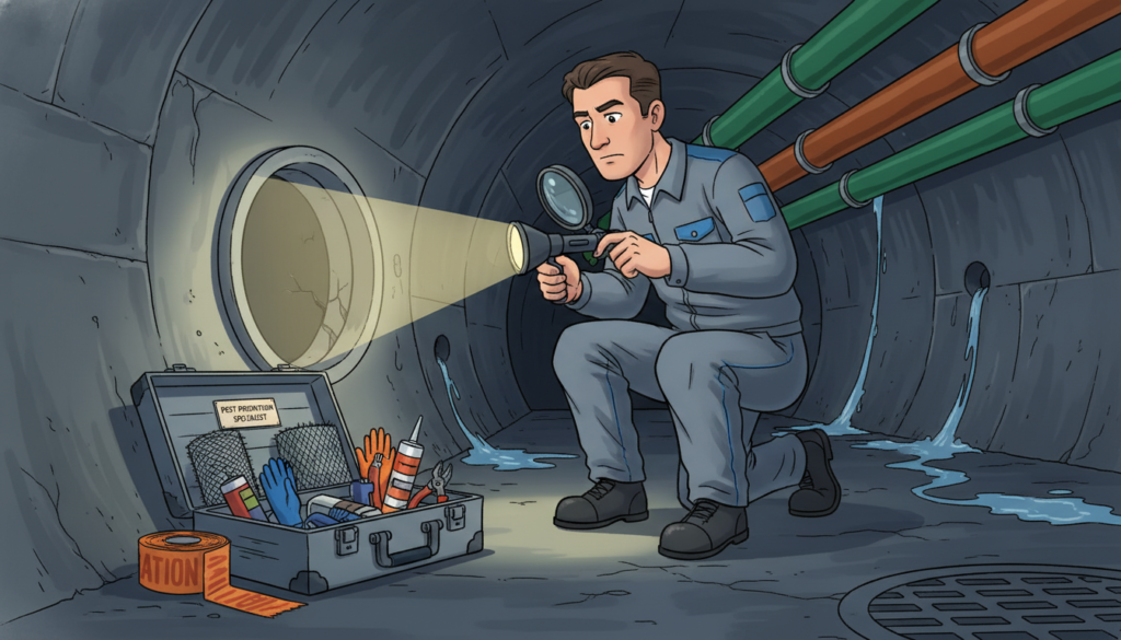 A professional male technician in a clean, modest outfit inspects a sewer entrance for potential rat access. He is kneeling in the foreground, examining the opening with a flashlight, highlighting the importance of maintenance and prevention. In the middle ground, a well-organized toolbox is visible, with tools like wire mesh and sealing materials, illustrating preventive measures. The background features a dimly lit sewer environment with visible pipes and drains, creating a serious yet focused atmosphere. Soft overhead lighting casts subtle shadows, emphasizing the technician's attention to detail. The composition focuses on safety and maintenance, conveying a sense of responsibility in pest control.