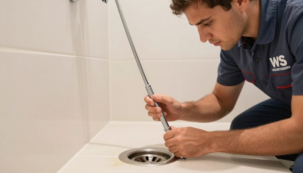 A professional plumber wearing a branded WS Desentupidora uniform is attentively inspecting a shower drain in a modern bathroom. The foreground features a close-up of the drain with water pooling around it, illustrating a minor blockage. In the middle ground, the plumber is holding specialized tools, such as a drain snake and a wrench, emphasizing a hands-on approach. The background reveals a clean, well-lit bathroom with sleek white tiles and a neutral color scheme, enhancing the professional environment. Soft, warm lighting highlights the scene, creating a calm and reassuring atmosphere, perfect for demonstrating expertise in plumbing services. The image is taken from a slightly angled perspective to add depth, while focusing on the plumber's attentive demeanor. A professional plumber wearing a branded WS Desentupidora uniform is attentively inspecting a shower drain in a modern bathroom. The foreground features a close-up of the drain with water pooling around it, illustrating a minor blockage. In the middle ground, the plumber is holding specialized tools, such as a drain snake and a wrench, emphasizing a hands-on approach. The background reveals a clean, well-lit bathroom with sleek white tiles and a neutral color scheme, enhancing the professional environment. Soft, warm lighting highlights the scene, creating a calm and reassuring atmosphere, perfect for demonstrating expertise in plumbing services. The image is taken from a slightly angled perspective to add depth, while focusing on the plumber's attentive demeanor.