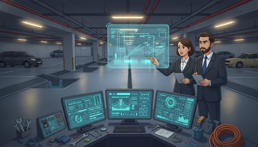 A professional setting illustrating preventive maintenance strategies for underground garage flood contingency planning. In the foreground, depict a detailed, sophisticated control panel with digital displays showing monitoring systems for water levels and drainage efficiency, surrounded by maintenance tools. The middle ground features a diverse team of two professionals, a man and a woman, both dressed in smart business attire, discussing strategies. In the background, an underground garage with vehicles parked safely and clear drainage systems visible, with soft, ambient lighting highlighting the space. Use a wide-angle lens effect to capture the entirety of the garage layout, conveying a sense of preparedness and efficiency. The atmosphere should feel proactive and organized, signaling a focus on safety and management.