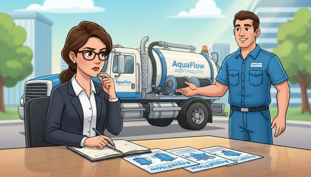 A professional setting showcasing a customer consulting with a clean-out service company representative. In the foreground, a well-dressed businesswoman is examining brochures on septic tank services, holding a pen and notebook, displaying thoughtful consideration. In the middle ground, a professional man in a uniform stands next to a large, branded vacuum truck equipped with hoses and tanks, emphasizing reliability and expertise. The background features a clean urban environment, possibly with trees and office buildings. The lighting is bright and inviting, suggesting a sunny day that reflects trust and professionalism. Use a shallow depth of field to focus on the interaction while keeping the truck detail slightly blurred. The overall mood should convey assurance and competence in choosing the right sewage service.