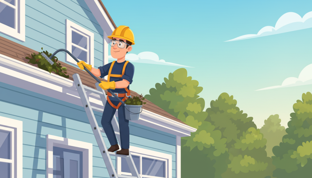A professional technician in a hard hat and safety gear performs gutter cleaning on a house. In the foreground, the technician carefully uses a specialized tool to remove debris from a gutter, showcasing a focused expression. The middle of the image displays the house with clear blue skies above, emphasizing a pre-summer day. Lush green trees can be seen in the background, indicating a residential neighborhood. The sunlight casts soft shadows, creating an inviting and safe atmosphere. The angle captures both the technician and the house, emphasizing the importance of safety and preparedness in outdoor home maintenance. The overall mood is one of diligence and care, promoting safety in home cleaning tasks.