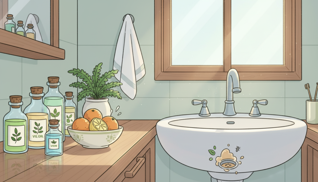 A serene bathroom scene featuring natural solutions to control tiny drain flies. In the foreground, a bright and inviting countertop displays eco-friendly products, such as essential oils in elegant glass bottles, a bowl of fresh citrus fruits, and a small potted plant. The middle section reveals a clean and tidy sink area, showcasing a small drain with visible natural repellents like vinegar and herbal solutions. In the background, soft natural light filters through a frosted window, creating a peaceful atmosphere. The color palette is fresh and calming, emphasizing shades of green and white. The overall mood is harmonious, reflecting a holistic approach to pest control in a domestic setting, with no people present.