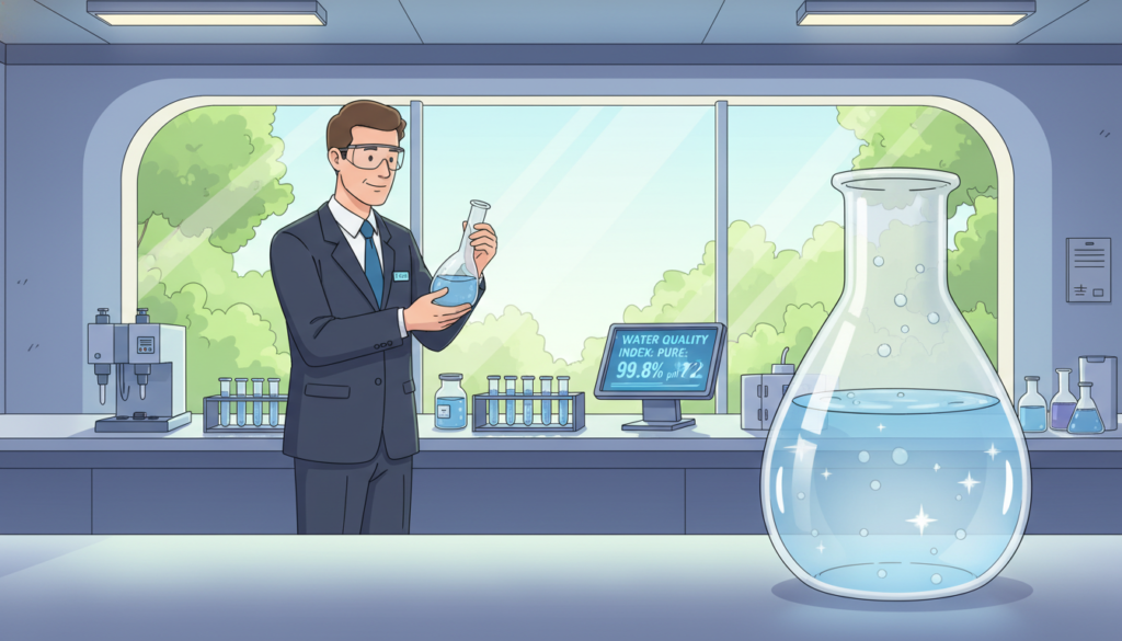 A serene scene of a professional water quality inspector in a clean, modern water treatment facility, clad in a smart business outfit, analyzing water samples in a lab. In the foreground, a clear glass vial filled with pristine water reflects soft overhead lighting, emphasizing its clarity and purity. In the middle, a high-tech lab bench with various scientific instruments is visible, including pipettes and a digital reading device displaying water quality metrics. In the background, large windows let in natural light, illuminating the facility and showcasing lush greenery outside, symbolizing environmental care. The atmosphere is calm and professional, highlighting the importance of legal compliance with drinking water standards. The focus is on clarity, safety, and professionalism in ensuring safe drinking water compliance.