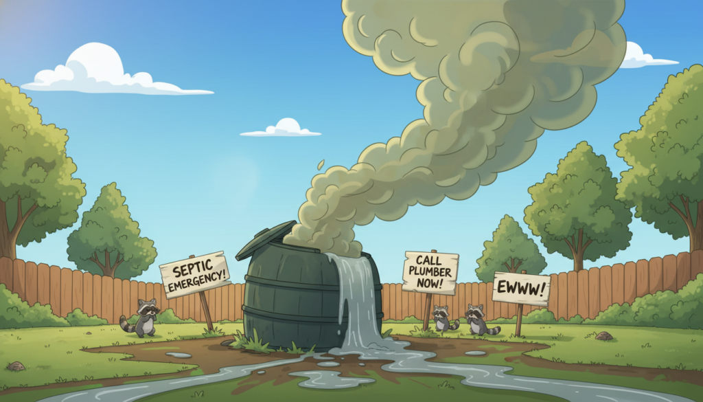 A serene suburban backyard with a focus on an overflowing septic tank. In the foreground, show a nauseating scent cloud rising from the tank, with a subtle greenish hue indicating unhealthy waste. In the middle, incorporate a few signs that cleaning is needed, like grass turning brown around the tank and visible wastewater seeping out. The background should feature a clear blue sky and a few trees, maintaining a calm atmosphere despite the unsettling subject matter. Use soft, natural lighting to illuminate the scene while ensuring the details are clear. Capture the angle from a low perspective to emphasize the tank's overflow and its surroundings, heightening the sense of urgency for maintenance.