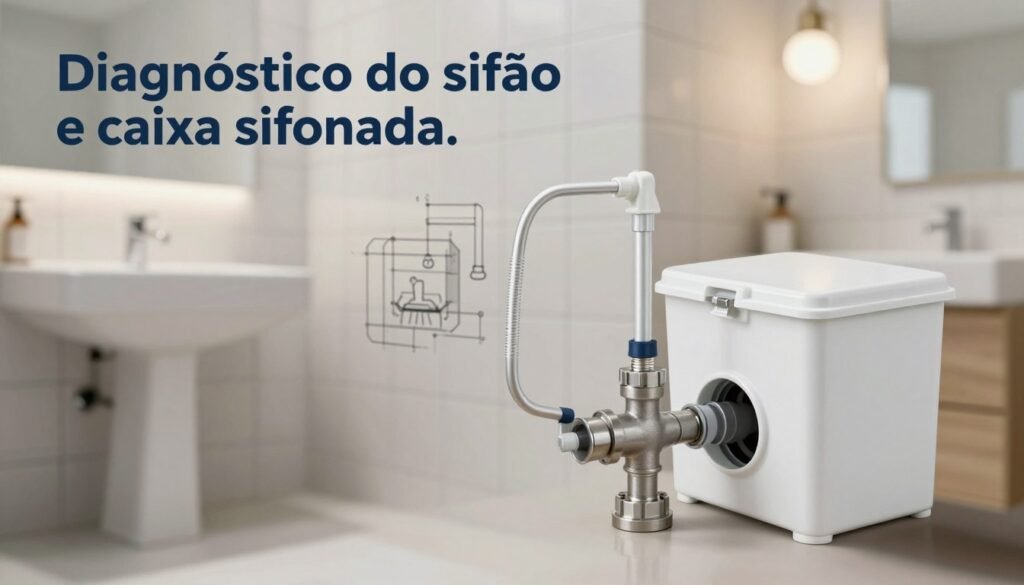 A technical diagram illustrating the concept of “Diagnóstico do sifão e caixa sifonada.” In the foreground, showcase a detailed siphon and siphon box system, emphasizing their connections and potential blockage points. The middle layer should include a backdrop of a clean and modern bathroom setting, with plumbing schematics subtly integrated into the tile design of the wall. In the background, softly glowing light fixtures create a well-lit environment to enhance visibility without harsh reflections. Use a slightly tilted angle to give depth to the scene, making the siphon mechanics appear dynamic and engaging. The atmosphere should be informative yet inviting, ideal for conveying the importance of plumbing health in relation to odor issues.