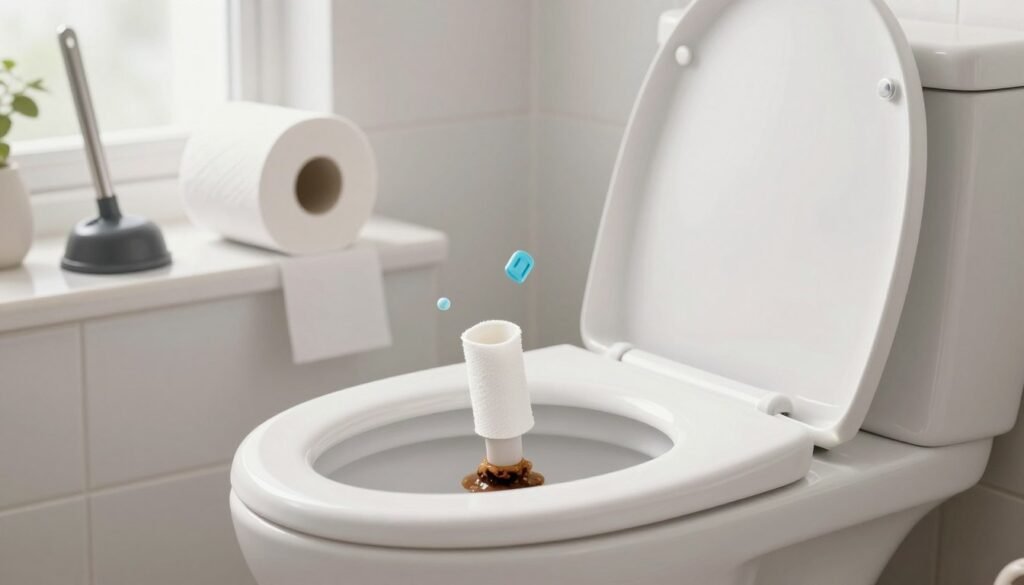 A visually informative illustration of common causes of toilet clogs, showcasing various items typically found in toilet bowls. In the foreground, a clogged toilet with a visible obstruction, such as toilet paper, small toys, and hygiene products, artistically represented. In the middle ground, a roll of toilet paper and a plunger resting on a bathroom counter. In the background, soft-focus bathroom tiles and a faintly lit bathroom setting to create a clean atmosphere. The lighting is bright, emphasizing cleanliness, with natural light pouring in from a frosted window. The composition should evoke an educational yet playful mood, suitable for a professional article on plumbing issues. No text or annotations included.