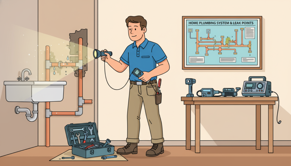 A well-lit indoor environment illustrating a step-by-step process to identify hidden water leaks. In the foreground, a professional individual wearing smart casual clothing is carefully examining a plumbing area with a flashlight, showcasing tools like a moisture meter and a screwdriver. In the middle ground, a detailed wall section is partially opened to reveal pipes, with subtle signs of moisture and dampness visible. The background features a home setting, complete with plumbing diagrams and leak detection equipment. Soft, ambient lighting enhances the atmosphere, creating a sense of focused investigation. A wide-angle perspective captures the entire scene, emphasizing the importance of thorough inspection in leak identification, while maintaining a clean and organized workspace.