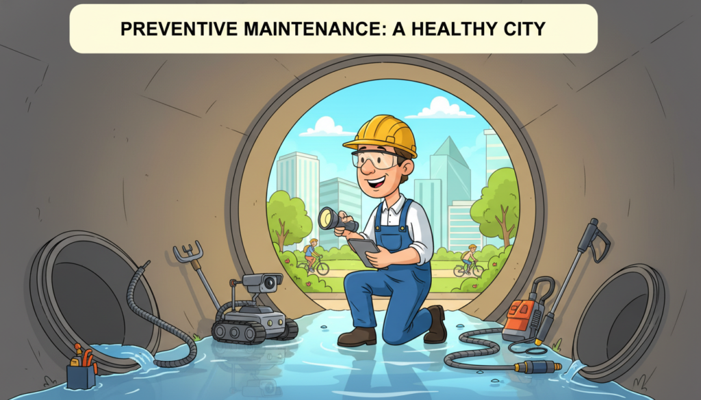 A well-lit scene depicting a professional in a hard hat inspecting a clean, well-maintained sewer system. In the foreground, the technician carefully examines the interior of a sewer pipe, surrounded by tools and equipment designed for preventive maintenance. In the middle ground, the pipe is lined with clear, visible water flow and no blockages, indicating effective maintenance practices. In the background, the infrastructure of a modern city can be seen, with greenery and buildings, emphasizing a healthy environment. The atmosphere conveys a sense of diligence and care, showing the importance of preventive maintenance for public health. The image is bright and vibrant, capturing a positive and proactive mood.