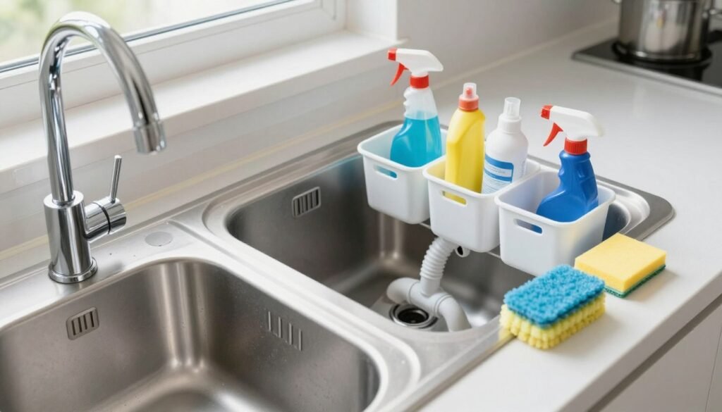 A well-organized cleaning routine for pipes and siphons. In the foreground, a clean, modern kitchen sink with shiny chrome fixtures and a few cleaning supplies like a spray bottle and a scrub brush neatly arranged. The middle ground shows the under-sink area with clearly labeled bins for cleaning materials and a glimpse of pipes and siphons, all well-maintained and spotless. In the background, soft, natural light filters through a window, illuminating the clean kitchen environment. The overall atmosphere is fresh and inviting, with a focus on cleanliness and organization. The image should evoke a sense of routine maintenance, emphasizing hygiene and preventive care against unpleasant odors. Aim for a high-resolution image with a slight overhead angle to capture all elements effectively, showcasing a hygienic and professional look.