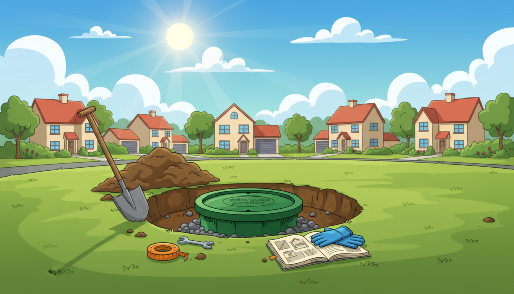 An ideal installation site for a sewage junction box in an outdoor setting. In the foreground, showcase the junction box itself, well-placed in a dugout pit with soil around it, clearly illustrating optimal positioning. The middle ground features a detailed view of nearby equipment and tools commonly used for maintenance, such as a shovel, a small maintenance manual, and gloves, emphasizing practical upkeep. In the background, depict a residential area with a clear sky, sunlight casting natural lighting over the scene, creating a professional yet approachable atmosphere. The camera angle should be slightly tilted to capture both the box and the maintenance elements effectively, focusing on clarity and detail for educational purposes.