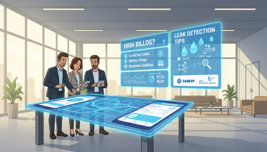 An informative scene depicting services and practical information from Sabesp, featuring a modern office environment. In the foreground, a diverse group of three professionals in business attire—two men and a woman—are gathered around a table with digital devices showing utility maps and smartphone apps displaying water usage data. The middle ground highlights a large display board showcasing infographics about handling high water bills and leak detection tips. The background reveals a bright, welcoming office with windows allowing natural light to flood in, creating a warm, approachable atmosphere. Soft shadows enhance the depth of the scene. The overall mood is professional and solution-oriented, ideal for conveying practical information about water services.