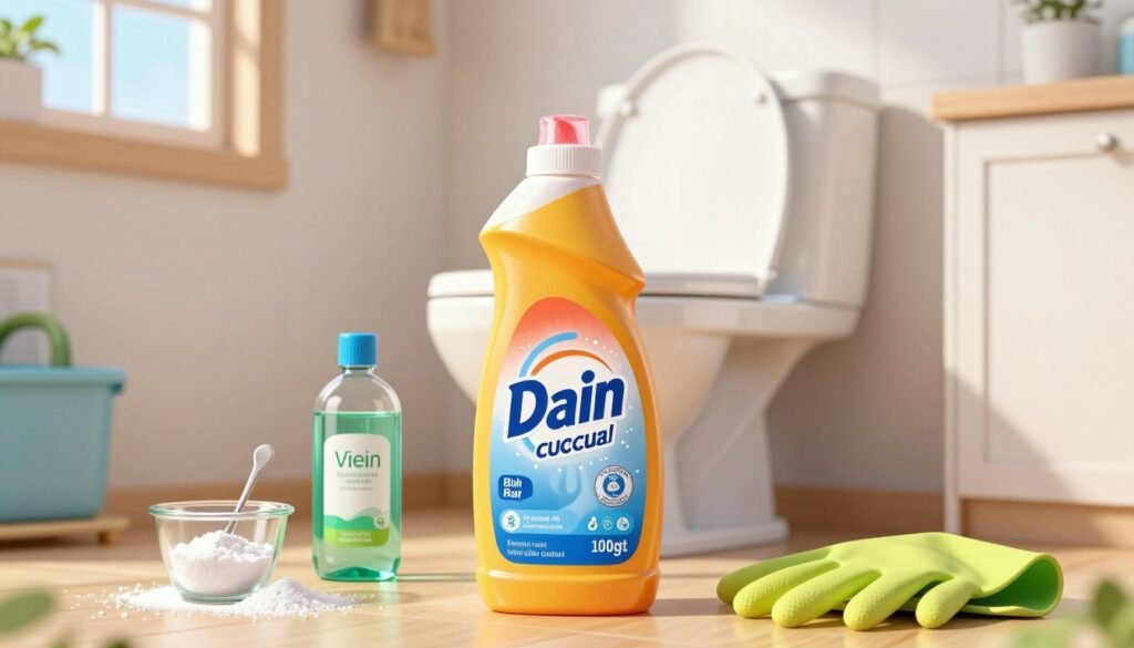 A bright, well-lit kitchen setting serves as the background, featuring a sturdy porcelain toilet in the center. In the foreground, a strong, colorful bottle of a popular drain unclogging product is prominently displayed, emphasizing its bold label and distinctive design. Surrounding the bottle are common household items such as baking soda, vinegar, and rubber gloves, arranged neatly to suggest DIY methods. Soft natural light filters through a window, casting gentle shadows and creating an inviting atmosphere. The image should capture a sense of cleanliness and efficiency, appealing to homeowners looking for effective solutions to unclog their toilets. The angle should be eye-level, focusing on the products and their potential for use in a home setting.