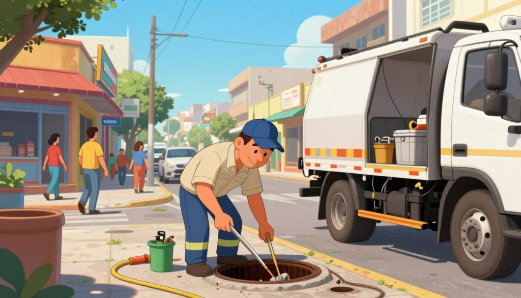 A busy street scene in Santo Amaro showcasing emergency sewage maintenance. In the foreground, a professional technician in a clean, modest uniform inspects a maintenance truck parked beside an open manhole, tools in hand. The middle ground features local businesses, with vibrant storefronts and people walking by, creating a sense of community life. In the background, a clear blue sky contrasts with the urban architecture of Santo Amaro. Soft, natural lighting enhances the scene, capturing a bright, sunny day. The atmosphere conveys efficiency and readiness, emphasizing a quick response to emergencies while maintaining a friendly, approachable vibe. The composition is dynamic, with a slight angle to create depth and focus on the technician’s actions. The image excludes any text or identifying features to maintain professionalism.