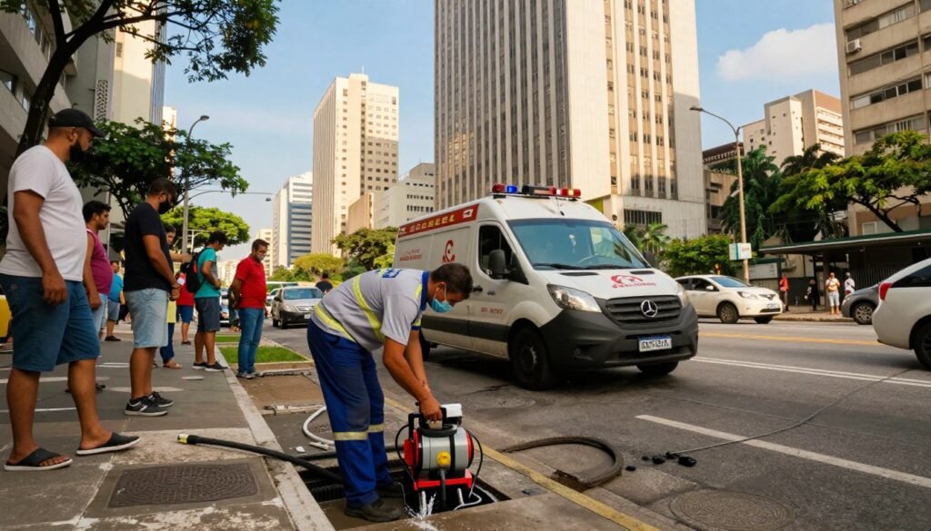 A busy urban scene in São Paulo, showcasing a professional desentupidora (unclogging service) team in action. In the foreground, a technician in a neat uniform using modern equipment to clear a blocked sewer. The middle ground features an emergency service vehicle with the company logo, parked on a bustling city street, surrounded by curious onlookers. In the background, iconic São Paulo skyscrapers rise against a bright blue sky, emphasizing the urban environment. The lighting is warm and natural, suggesting a sunny afternoon. A wide-angle perspective captures the hustle and bustle of the city, conveying a sense of urgency and efficiency in service delivery, while maintaining a professional atmosphere. The mood is energetic and focused, reflecting the quick and comprehensive coverage of services in the region.