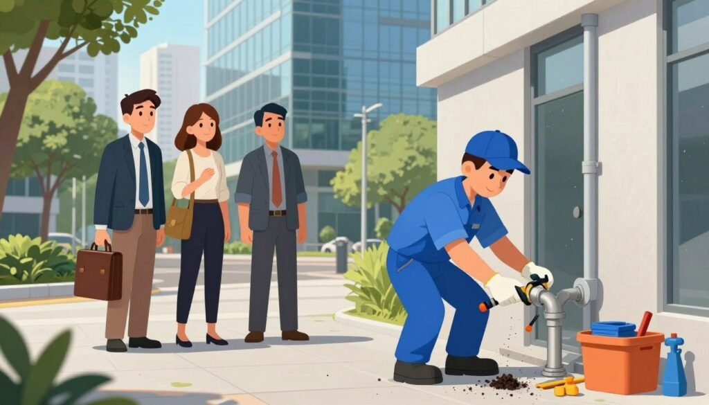 A busy urban scene in Vila Olímpia, showcasing a professional emergency plumbing service in action. In the foreground, a well-dressed plumber in a blue uniform is expertly unclogging a drainage system outside a modern office building. He is surrounded by tools and equipment. In the middle ground, a couple of office workers, dressed in business attire, are watching with expressions of relief and gratitude. The background features a sleek, glass office structure surrounded by green trees, indicating a bustling neighborhood. Bright, natural lighting enhances the serene atmosphere, while hints of the city skyline are visible in the distance. The overall mood conveys efficiency, professionalism, and prompt service in a vibrant urban setting.
