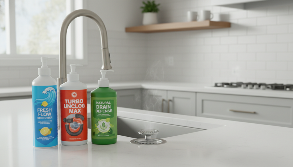 A clean and organized kitchen sink area with specialized drain cleaning products arranged neatly on the countertop. In the foreground, vibrant bottles showcase different brands, featuring colorful labels with images related to their functions, like deodorizing agents and clog removers. The middle ground includes a shiny stainless steel sink with a slightly open drain, hinting at freshness. Natural light streams in through a nearby window, casting soft shadows that enhance the cleanliness of the space. The background is tastefully blurred, revealing hints of a modern kitchen design in soft, neutral tones, creating a hygienic and inviting atmosphere. The overall mood is bright, refreshing, and focused on cleanliness and home care.