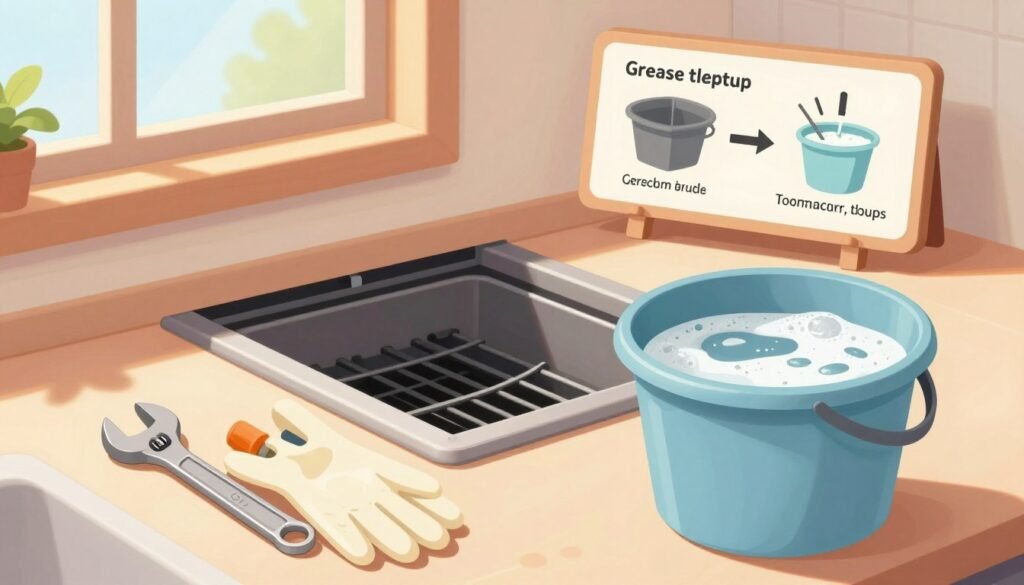 A clean, practical kitchen environment focused on how to unclog a grease trap. In the foreground, a set of essential tools for grease trap maintenance, including a wrench, gloves, and a bucket filled with soapy water, arranged neatly on a countertop. The middle ground features a grease trap partially opened, with clear instructions on usage visible in the background. Bright, natural lighting filters through a window, casting soft shadows and creating an inviting yet professional atmosphere. The overall color scheme is warm, with earthy tones that evoke a sense of cleanliness and order. The composition emphasizes a step-by-step guide, making it easy to visualize practical tips for grease trap unclogging while maintaining a tidy and organized kitchen space.