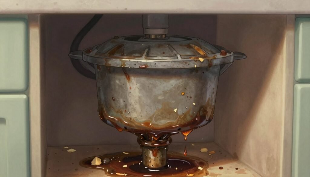 A close-up view of a clogged grease box in a kitchen setting, showcasing signs of blockage. In the foreground, the greasy residue is visibly accumulating around the pipe entrance, with small pieces of food debris trapped inside. The middle ground features a detailed view of the grease box itself, highlighted by a dim light source that accentuates the texture of the grease and grime. In the background, a clean kitchen environment is slightly blurred to emphasize the focus on the grease box. The atmosphere is slightly chaotic, conveying the urgency of plumbing issues. The lighting is warm yet shadowy, creating a sense of realism while highlighting the texture of the grease.