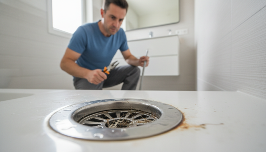A detailed inspection of a bathroom drain, showcasing a professional holding tools for plumbing maintenance. The foreground features a close-up of the drain, highlighting a slightly clogged drain surrounded by water stains. The middle layer includes the professional wearing modest casual clothing, focused on examining the drain, with a serious and determined expression. The background softly blurs, revealing a modern bathroom setting with tiled walls and soft ambient lighting illuminating the area. The atmosphere conveys a sense of urgency and professionalism, emphasizing the need for practical solutions to eliminate odors. Utilize a macro lens effect to capture intricate details and textures. Natural soft light filters in, creating a clean and fresh ambiance.