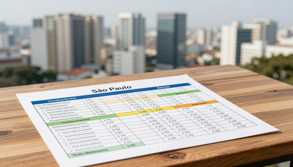 A detailed price table for plumbing services in São Paulo in a clean, organized layout. Foreground: a wooden table showcasing a neatly arranged, colorful price list with various categories and costs, such as "Unclogging Services," "Emergency Callouts," and "Drain Maintenance." Middle: a blurred background featuring a modern São Paulo skyline, hinting at the city's urban environment. Soft, natural lighting illuminates the table, creating a professional atmosphere. The image angle is slightly elevated to capture the table clearly while providing context of the city behind. The overall mood is informative and business-oriented, designed to reflect professionalism and reliability in plumbing services.