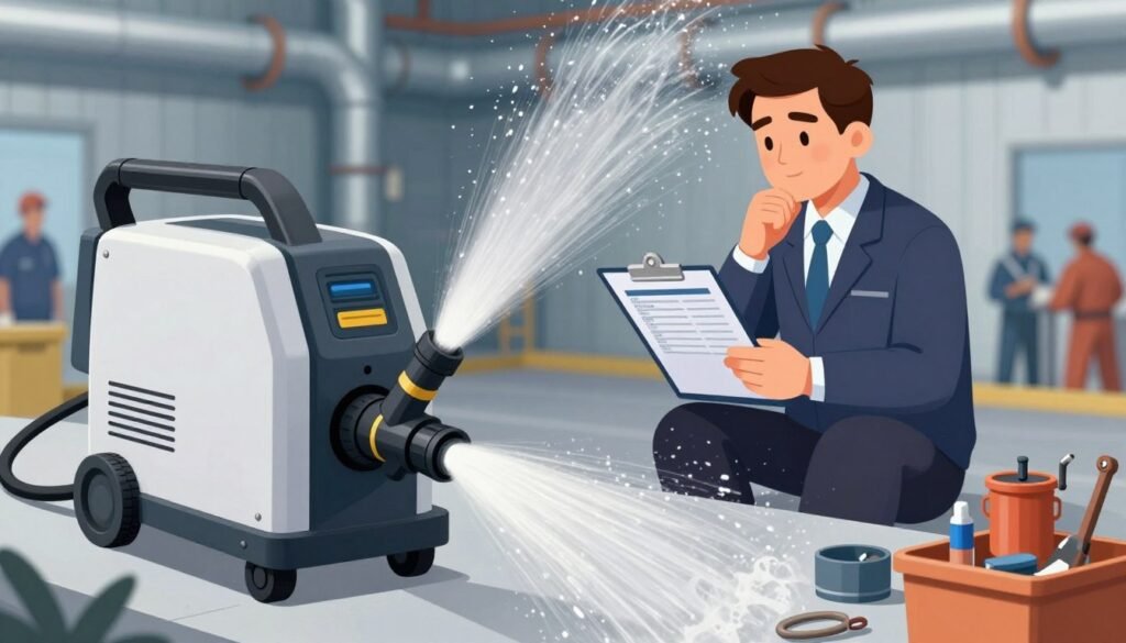 A detailed scene illustrating the costs associated with hydro jetting services for pipeline cleaning. In the foreground, a sleek hydro jetting machine, shiny and modern, is positioned prominently, with water jets spraying dynamically in action. In the middle, a professional in business attire examines a detailed cost report on a clipboard, looking contemplative. Surrounding them are various tools and equipment pertinent to the service, neatly arranged. In the background, a large industrial setting with pipelines, and maintenance workers can be faintly seen, emphasizing the scale of the operation. The image is well-lit with a focus on the machine and the professional, creating a sense of clarity and urgency in the atmosphere. The lens captures the scene from a slightly elevated angle, giving depth and perspective.