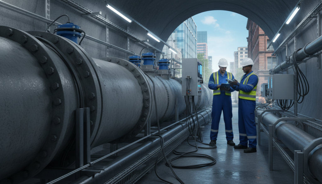 A detailed view of a municipal waste management infrastructure, focusing on a modern sewage pipeline and network system. In the foreground, showcase a close-up of a section of the underground sewage pipe, highlighting its sturdy structure and necessary fittings. In the middle ground, visualize technicians in professional attire inspecting the network with high-tech equipment, under ambient lighting that creates a clean, technical atmosphere. The background features a cityscape, subtly hinting at the urban setting, with a clear blue sky. The scene should convey a sense of professionalism and precision, capturing the importance of proper infrastructure and the challenges faced in urban waste management.