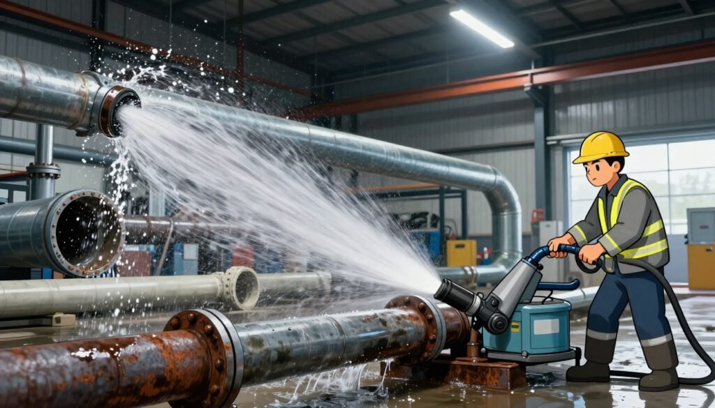 A high-pressure water jetting operation on various types of pipes in an industrial setting. In the foreground, an industrial worker in safety gear operates a powerful hydro-jetting machine, releasing a strong stream of water onto a rusted metal pipe, showing the intense water spray in motion. In the middle ground, different pipes, including plastic, steel, and concrete, are displayed, each undergoing varying degrees of cleaning, with water splashing around them. The background features an industrial warehouse with fluorescent lighting that creates a stark contrast against the dark pipes, enhancing the dynamic action in the scene. The overall mood is focused and energetic, showcasing the effectiveness of hydro jetting in maintaining pipeline integrity.