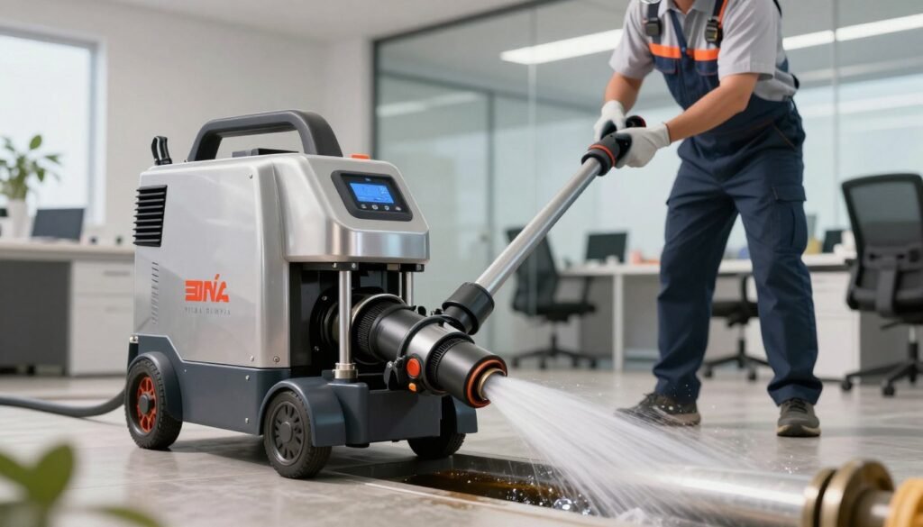 A high-resolution image depicting a sophisticated hydro jetting machine in action, designed for pipe unclogging. In the foreground, show the machine with gleaming metal components and high-pressure hoses spraying water forcefully into a partially visible pipe. In the middle ground, include a technician in professional business attire, wearing safety goggles and gloves, focused on operating the equipment. In the background, feature an office environment typical of Vila Olímpia, with modern furnishings and clear plumbing infrastructure. The lighting is bright and natural, emphasizing clarity and cleanliness. Use a slightly angled perspective to enhance depth, capturing both the technology and the surrounding workspace with a mood of efficiency and precision.