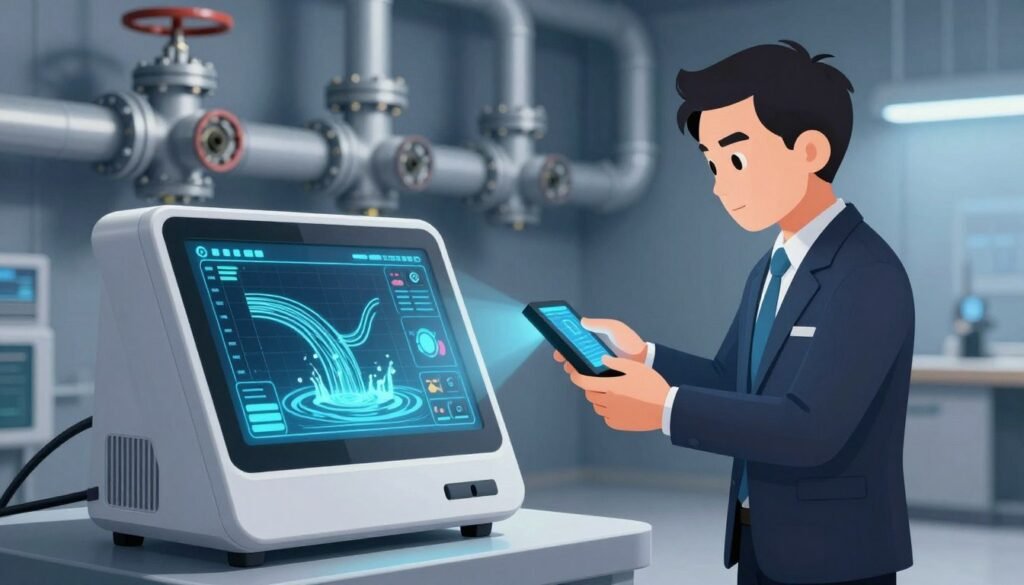 A high-tech environment showcasing advanced electronic detection technologies in action. In the foreground, a sleek, modern electronic device with a glowing screen displaying real-time data and graphs on water flow. The middle ground features a professional technician wearing a smart business outfit, focused on using a handheld device to scan for leaks, with a concentration on precision and expertise. In the background, a series of pipes and valves, illuminated by soft, focused lighting to enhance the high-tech atmosphere. The overall mood conveys innovation and accuracy, with a color palette of blues and grays to reflect a clean, efficient, and modern approach to leak detection.