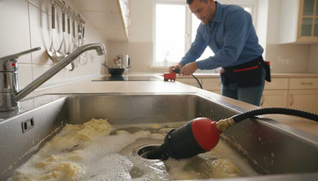 A kitchen scene focused on a sink experiencing a blockage, with a drain cleaning tool, such as a plumber's snake or a pressure plunger, prominently displayed in the foreground. The sink is filled with soapy water and some visible grease, illustrating the solidification issue. In the middle ground, a professional wearing casual work attire examines the sink, showing determination and skill, while adjusting the nozzle of a pressure device. The background features kitchen cabinets, utensils, and light reflecting off the metal surfaces, creating a clean and bright atmosphere. Soft ambient lighting enhances the urgency of the situation but maintains a sense of professionalism, emphasizing the effective use of pressure to clear the plumbing.