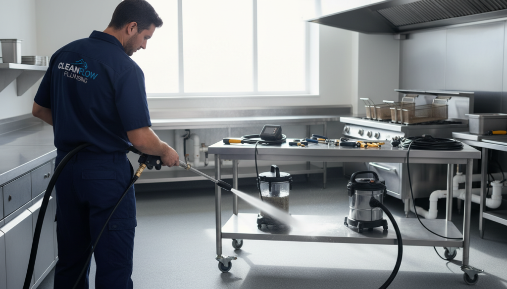 A modern plumbing service scene showcasing advanced equipment for grease trap cleaning. In the foreground, a professional plumber in a clean uniform operates a high-tech hydro jetting machine, with water spraying effectively to clear a blockage. The middle ground features various state-of-the-art tools such as inspection cameras, portable vacuums, and drain snakes, neatly organized on a workbench. In the background, a well-lit commercial kitchen environment with stainless steel surfaces and a visible grease trap. Bright, natural lighting enhances the cleanliness and efficiency of the setting. The atmosphere conveys professionalism and innovation, focusing on the importance of advanced technology in maintaining grease traps in food service.