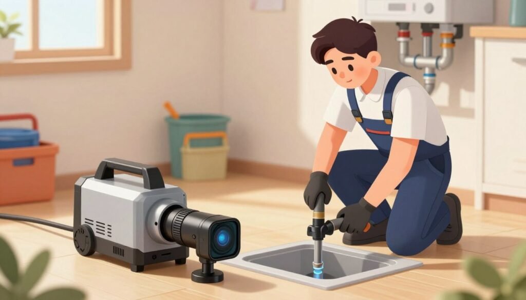A modern plumbing technician in professional attire, focused on using advanced equipment for drain cleaning in a residential setting. In the foreground, showcase high-tech tools like a hydro jetting machine and pipe inspection camera, highlighting their intricate components and functionality. The middle ground features the technician in action, demonstrating skillful use of the equipment while examining a pipe. The background reveals a clean and organized room with plumbing materials and tools neatly arranged. Soft, natural lighting filters in through a window, creating a warm and professional atmosphere. Capture the scene from a slightly elevated angle to emphasize both the technician and the modern equipment, conveying a sense of expertise and efficiency in drain cleaning techniques.