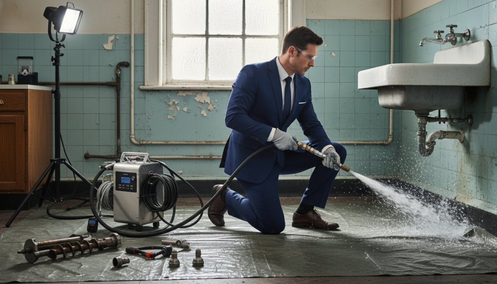 A modern plumbing technician in professional business attire using advanced hydro jetting equipment to clear a clogged drain in an old apartment setting. The foreground features the technician actively maneuvering a high-pressure water hose, with water sprays creating a dynamic effect. In the middle ground, a variety of modern desentupimento tools, like a portable hydrojet machine, is neatly arranged. The background reveals a vintage apartment kitchen, showcasing aged pipes and fixtures, adding contrast to the modern technology. The lighting is bright and focused, highlighting the action while softly illuminating the rustic elements of the setting. The atmosphere conveys efficiency and innovation, emphasizing the use of cutting-edge techniques in plumbing repair.