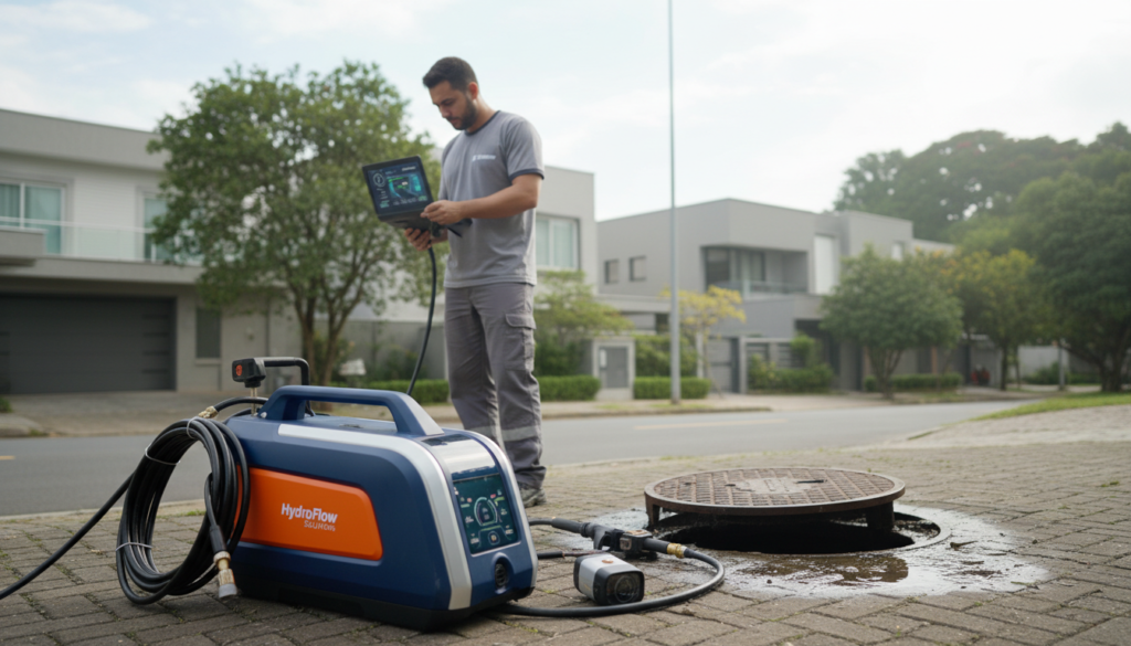 A modern plumbing technician operating advanced unclogging equipment in a well-lit outdoor environment. In the foreground, focus on a sleek, high-tech drain clearing machine with vibrant colors, surrounded by tools like a drain camera and high-pressure jetter. The technician, dressed in professional work attire, is intently monitoring the machine's display screen, showcasing their expertise. In the middle ground, a slightly clogged drain can be seen, with water pooling around it, emphasizing the need for modern techniques. The background depicts a residential area in Morumbi, with subtle hints of nature and slightly cloudy skies, suggesting the aftermath of rain. The atmosphere conveys a sense of professionalism, efficiency, and modernity, emphasizing the importance of new techniques in drainage maintenance.