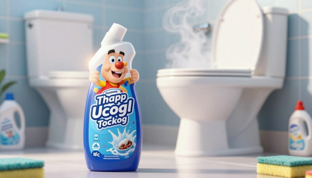 A powerful, visually striking product for unclogging toilets positioned prominently in the foreground, showcasing its robust packaging with clear labeling and vibrant colors. The middle ground features a clean, modern bathroom setting, complete with a pristine white porcelain toilet, slightly obscured by a subtle mist of steam for a dynamic, fresh look. In the background, soft-focused hints of plumbing tools and cleaning supplies create an organized and efficient environment. The lighting is bright and inviting, capturing the essence of cleanliness, while a slight glare reflects off the product’s surface, emphasizing its potency and effectiveness. The overall mood is one of determination and readiness to tackle tough plumbing challenges, creating an encouraging atmosphere for the reader.