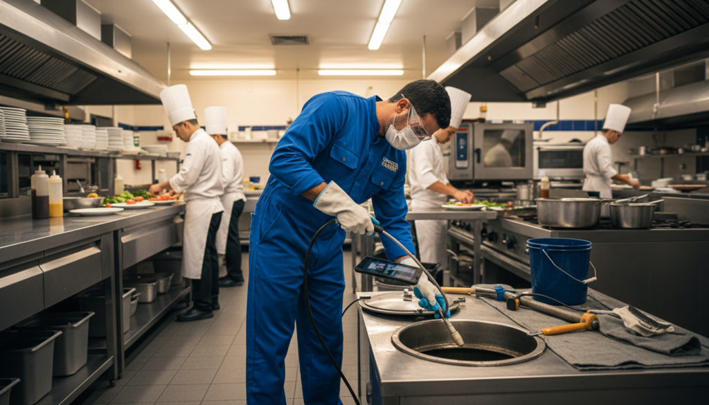 A professional grease trap cleaning scene, showcasing a well-equipped kitchen in a busy restaurant environment in Itaim Bibi. In the foreground, a technician in clean, professional attire is carefully inspecting a large grease trap, using specialized tools and wearing gloves. In the middle ground, various kitchen appliances and workstations are visible, with chefs working diligently, emphasizing cleanliness. In the background, bright overhead lights cast a warm, inviting glow, creating a busy but organized atmosphere. The camera angle is slightly elevated, capturing the action and the importance of maintaining hygiene in restaurant settings. The mood is focused and industrious, highlighting the critical nature of grease trap maintenance for kitchen safety.