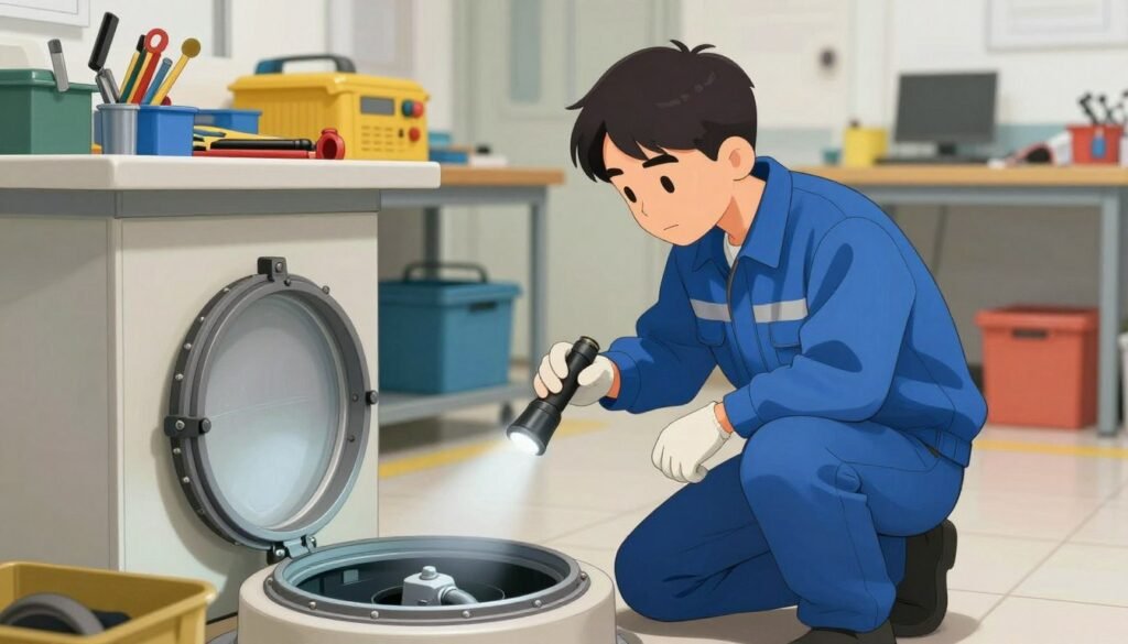 A professional maintenance technician in a well-lit commercial setting, conducting preventative maintenance on sewage systems. The technician, dressed in a clean blue uniform with safety gear, kneels beside a maintenance hatch, examining pipes with a flashlight. In the background, various tools and equipment are neatly organized on a workbench. Soft, diffused lighting highlights the seriousness of this task, conveying a mood of diligence and expertise. The foreground shows the technician intently focused on his work, while the middle ground reveals equipment for maintaining sewage systems. The background includes blurred details of a well-organized maintenance workshop. The atmosphere is calm and professional, emphasizing the importance of regular maintenance to avoid operational losses.