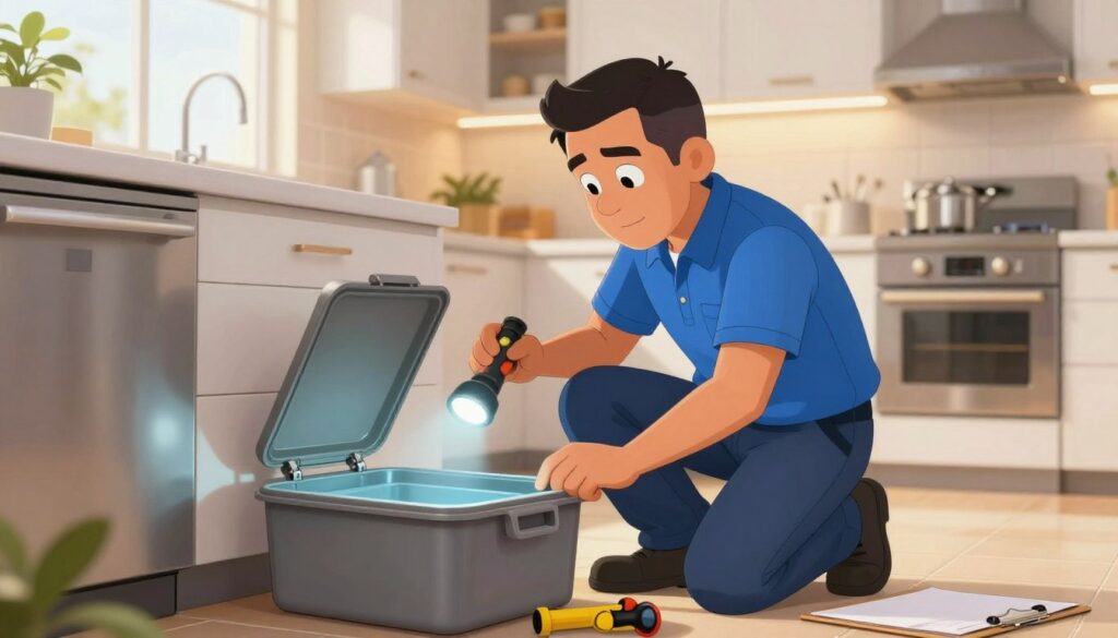 A professional maintenance technician in smart casual attire kneeling beside an open grease trap in a modern kitchen setting, equipped with tools and a flashlight. The technician, a middle-aged Hispanic man, carefully inspects the container with a focused expression. In the background, the well-lit kitchen features contemporary cabinetry and stainless-steel appliances, highlighting a clean and organized environment. Soft, warm lighting from overhead fixtures creates a welcoming atmosphere, while natural light streams in from a nearby window, adding depth to the scene. Emphasize the importance of speedy service with visible tools and a clipboard nearby, symbolizing efficiency and professionalism in residential maintenance.